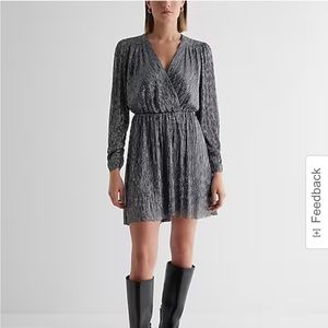 Express Metallic V-Neck Long Sleeve Surplice Mini Dress